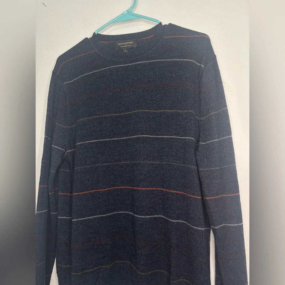 BANANA REPUBLIC NAVY STRIPED 100% MERINO WOOL MENS SWEATER SZ LARGE